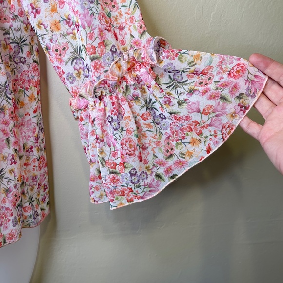 Zara | Chiffon Micro Ditsy Floral Peplum Bell Sleeve Lightweight Summer Blouse - Picture 8 of 15